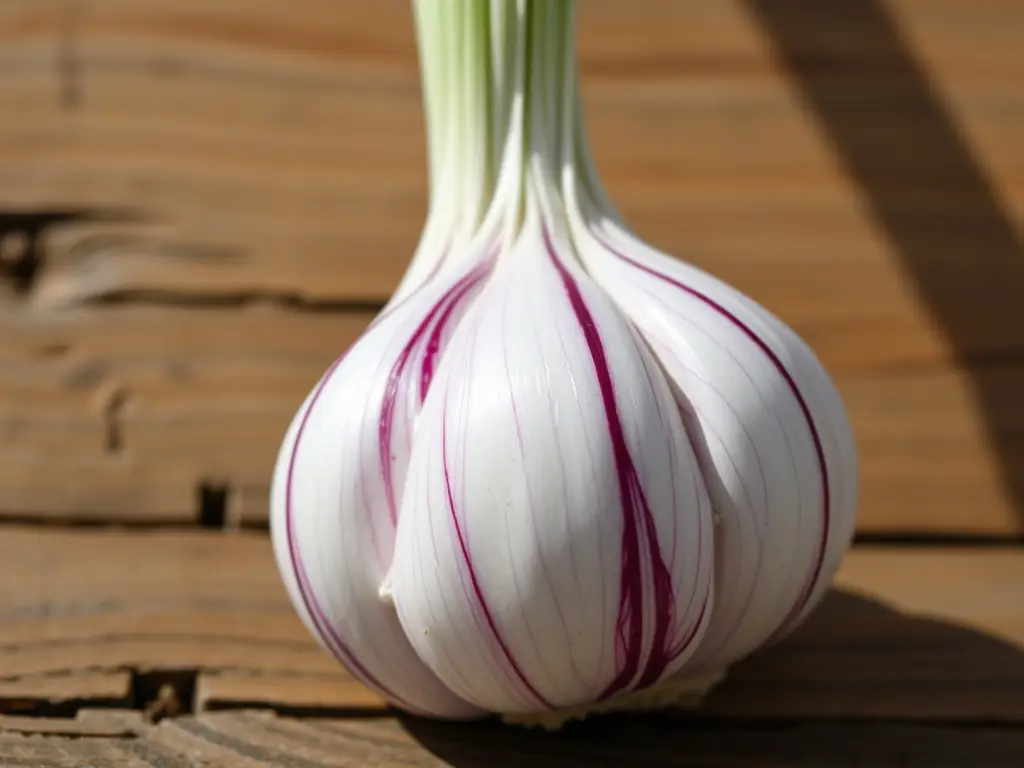 A close-up shot of a single bulb of purple garlic, highlighting its unique color and texture.